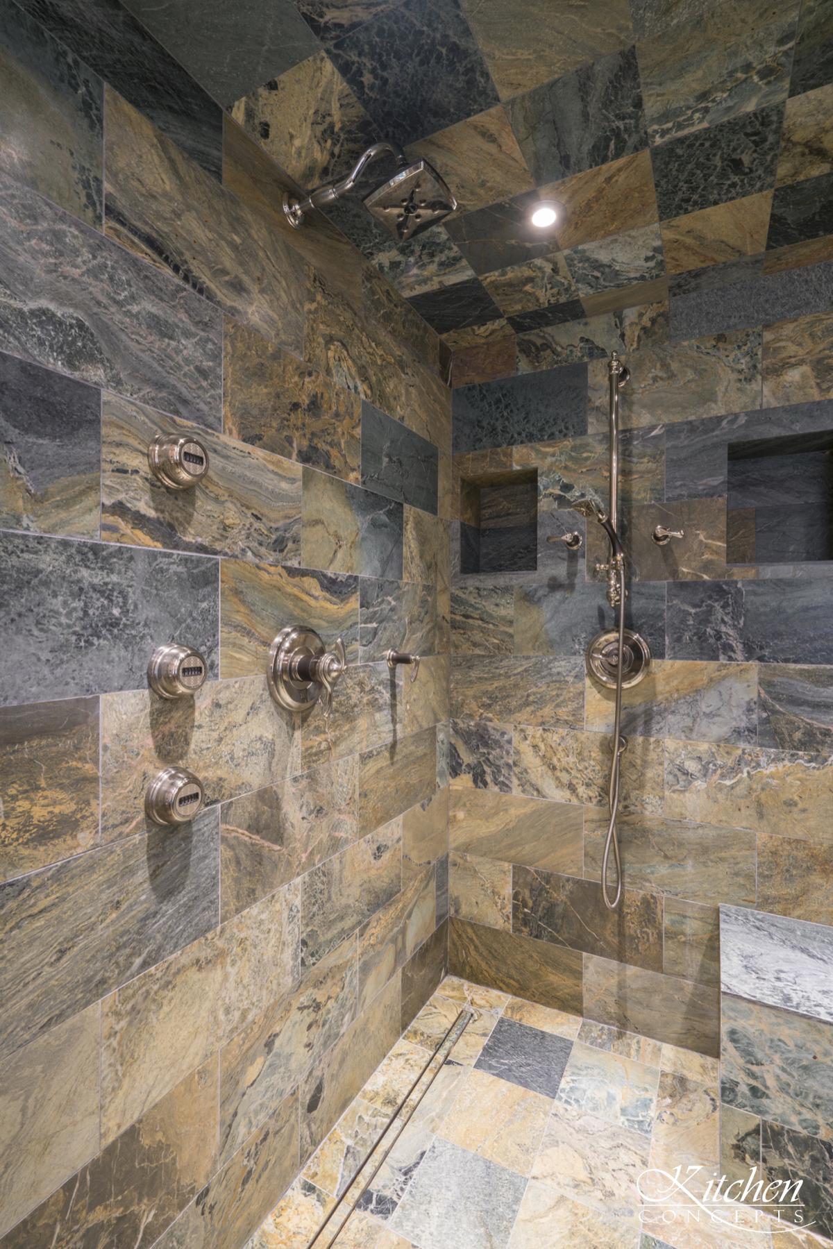 Large Bathroom Remodel with Classic Tub and Stone Tiled Walk In Shower